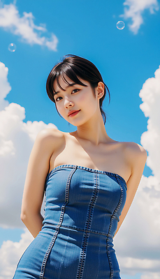 JPG 구름 모델 편집이미지 여자 포즈 하늘 한명 미소 성인 여름 맑음 단발머리 비눗방울 뒷짐 튜브탑원피스 청치마 뷰티풀 의료성형뷰티 성인여자한명만 편집실사 AI인물포토 AI콘텐츠 자연요소 1 헤어스타일 계절 원피스 모션 날씨 표정 사람 치마 CG 여자한명만 성인여자만 파일형식 AI포토
