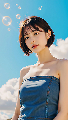 JPG 구름 모델 편집이미지 여자 포즈 하늘 한명 미소 상반신 성인 여름 맑음 단발머리 비눗방울 튜브탑원피스 청치마 뷰티풀 의료성형뷰티 성인여자한명만 편집실사 AI인물포토 AI콘텐츠 자연요소 1 헤어스타일 계절 원피스 날씨 표정 사람 치마 CG 여자한명만 성인여자만 파일형식 AI포토