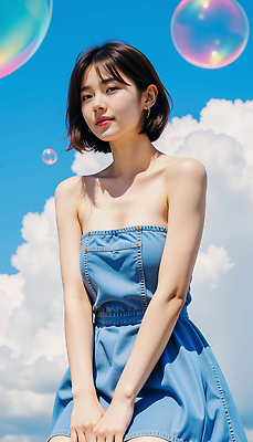 JPG 구름 모델 편집이미지 여자 포즈 하늘 한명 미소 성인 여름 맑음 단발머리 비눗방울 튜브탑원피스 청치마 뷰티풀 의료성형뷰티 성인여자한명만 편집실사 AI인물포토 AI콘텐츠 자연요소 1 헤어스타일 계절 원피스 날씨 표정 사람 치마 CG 여자한명만 성인여자만 파일형식 AI포토
