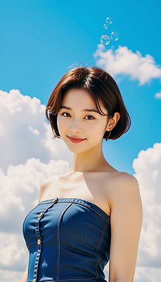 JPG 구름 모델 편집이미지 여자 포즈 하늘 한명 미소 상반신 성인 여름 맑음 단발머리 비눗방울 튜브탑원피스 청치마 뷰티풀 의료성형뷰티 성인여자한명만 편집실사 AI인물포토 AI콘텐츠 자연요소 1 헤어스타일 계절 원피스 날씨 표정 사람 치마 CG 여자한명만 성인여자만 파일형식 AI포토