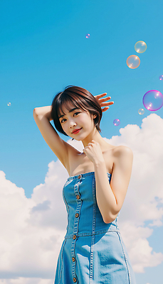 JPG 구름 모델 편집이미지 여자 포즈 하늘 한명 미소 성인 여름 손들기 맑음 단발머리 비눗방울 튜브탑원피스 청치마 뷰티풀 의료성형뷰티 성인여자한명만 편집실사 AI인물포토 AI콘텐츠 자연요소 1 헤어스타일 계절 원피스 모션 날씨 표정 사람 치마 CG 여자한명만 성인여자만 파일형식 AI포토