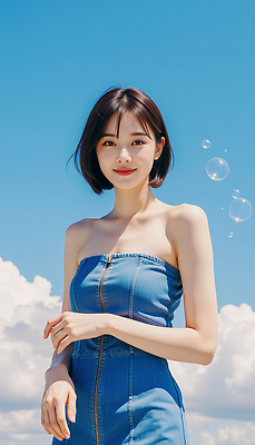 JPG 구름 모델 편집이미지 여자 포즈 하늘 한명 미소 상반신 성인 여름 손들기 맑음 단발머리 비눗방울 튜브탑원피스 청치마 뷰티풀 의료성형뷰티 성인여자한명만 편집실사 AI인물포토 AI콘텐츠 자연요소 1 헤어스타일 계절 원피스 모션 날씨 표정 사람 치마 CG 여자한명만 성인여자만 파일형식 AI포토