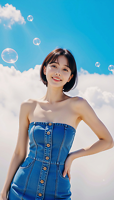 JPG 구름 모델 편집이미지 여자 허리손 포즈 하늘 한명 미소 성인 여름 맑음 단발머리 비눗방울 튜브탑원피스 청치마 뷰티풀 의료성형뷰티 성인여자한명만 편집실사 AI인물포토 AI콘텐츠 자연요소 1 헤어스타일 계절 원피스 날씨 표정 사람 치마 CG 여자한명만 성인여자만 파일형식 AI포토