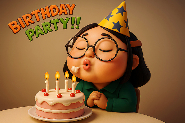 JPG 편집이미지 접시 여자 의자 촛불 탁자 3D캐릭터 한명 상반신 성인 3D 눈감음 고깔모자 생일파티 유머 머리핀 불기 생일케이크 공영순 손모으기 촛불끄기 성인여자한명만 안경낌 편집3D AI컴퓨터그래픽 AI콘텐츠 캐릭터 모자_잡화 1 식기 감정 안경 가구 장신구 초 모션 사람 손짓 케이크 생일 디지털합성 끄기 여자한명만 성인여자만 파일형식