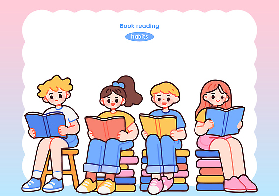 학생 여자 남자 분홍색 일러스트 청소년 미소 들기 앉기 여러명 취미 독서 읽기 책더미 십대만 카피스페이스 독서모임 국내일러스트 AI파일 컬러 다수 모션 표정 사람 책 공백 무더기 파일형식 벡터