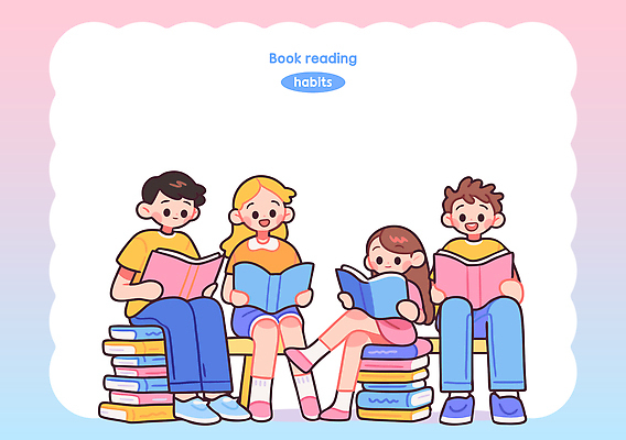 학생 여자 남자 분홍색 일러스트 청소년 미소 들기 앉기 여러명 취미 독서 읽기 책더미 십대만 카피스페이스 독서모임 국내일러스트 AI파일 컬러 다수 모션 표정 사람 책 공백 무더기 파일형식 벡터