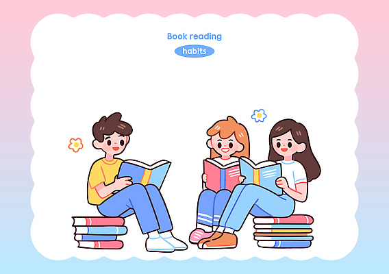 학생 여자 남자 분홍색 일러스트 청소년 미소 들기 앉기 여러명 취미 독서 읽기 책더미 십대만 카피스페이스 독서모임 국내일러스트 AI파일 컬러 다수 모션 표정 사람 책 공백 무더기 파일형식 벡터