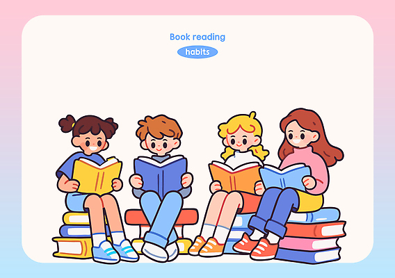 학생 여자 남자 분홍색 일러스트 청소년 미소 들기 앉기 여러명 취미 독서 읽기 책더미 십대만 카피스페이스 독서모임 국내일러스트 AI파일 컬러 다수 모션 표정 사람 책 공백 무더기 파일형식 벡터