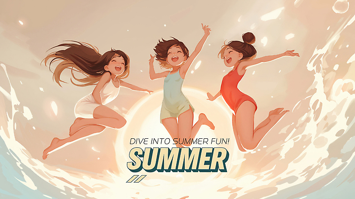 전신 PSD 여자 수영복 물결 어린이 일러스트 소녀 세명 여름휴가 빛 점프 원형 튀는물 베이지색 소녀만 국내일러스트 도형 옷 컬러 모션 휴가 사람 액체표현 스플래쉬 여자만 어린이만 파일형식 여름_계절