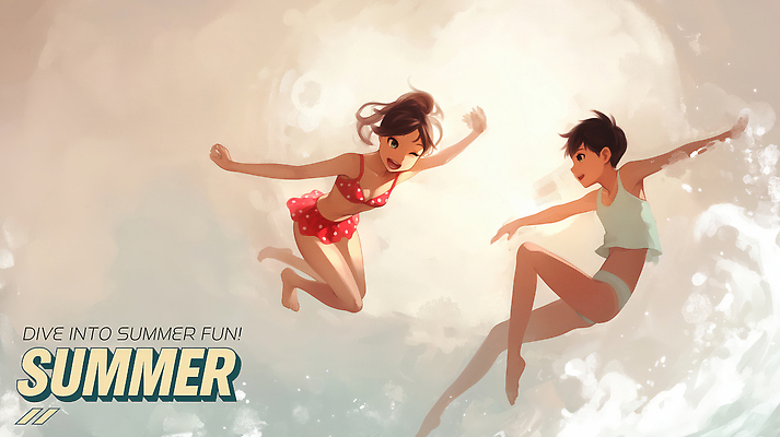 전신 PSD 여자 남자 수영복 물결 어린이 일러스트 소녀 소년 두명 여름휴가 빛 점프 튀는물 베이지색 어린이만 국내일러스트 옷 컬러 모션 휴가 사람 액체표현 스플래쉬 파일형식 여름_계절