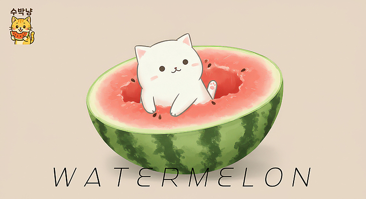 PSD 일러스트 단면 수박 들기 사람없음 귀여움 고양이 입장 발바닥 수박씨 베이지색 국내일러스트 컬러 컨셉 과일 포유류 모션 발 씨앗 반려동물 파일형식