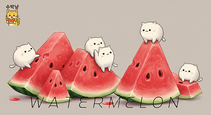 PSD 분홍색 일러스트 단면 들기 사람없음 귀여움 고양이 수박씨 수박조각 국내일러스트 컬러 조각 컨셉 포유류 모션 수박 씨앗 반려동물 파일형식