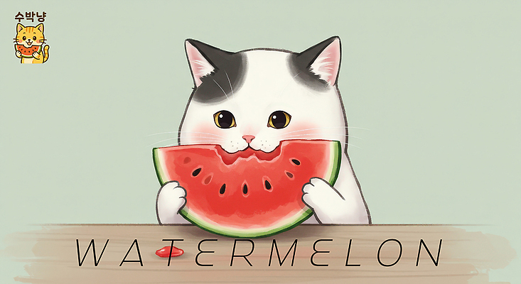 PSD 일러스트 단면 수박 들기 사람없음 연두색 귀여움 고양이 먹기 수박씨 나무탁자 국내일러스트 컨셉 과일 포유류 모션 탁자 씨앗 초록색 반려동물 파일형식