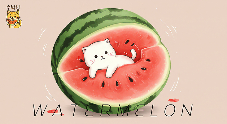 PSD 분홍색 일러스트 단면 수박 들기 사람없음 귀여움 고양이 흔들림 수박씨 국내일러스트 컬러 컨셉 과일 포유류 모션 씨앗 반려동물 파일형식