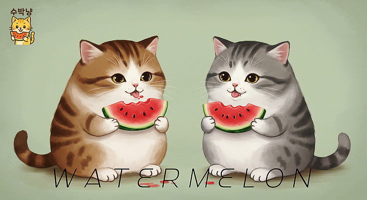 PSD 일러스트 단면 수박 들기 사람없음 연두색 귀여움 고양이 먹기 메롱 수박씨 국내일러스트 컨셉 과일 포유류 모션 씨앗 초록색 반려동물 파일형식