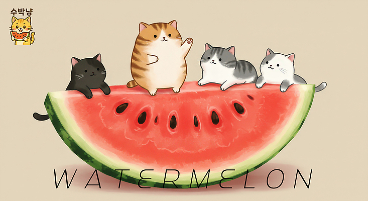 PSD 일러스트 단면 수박 들기 사람없음 손들기 귀여움 고양이 수박씨 베이지색 국내일러스트 컬러 컨셉 과일 포유류 모션 씨앗 반려동물 파일형식