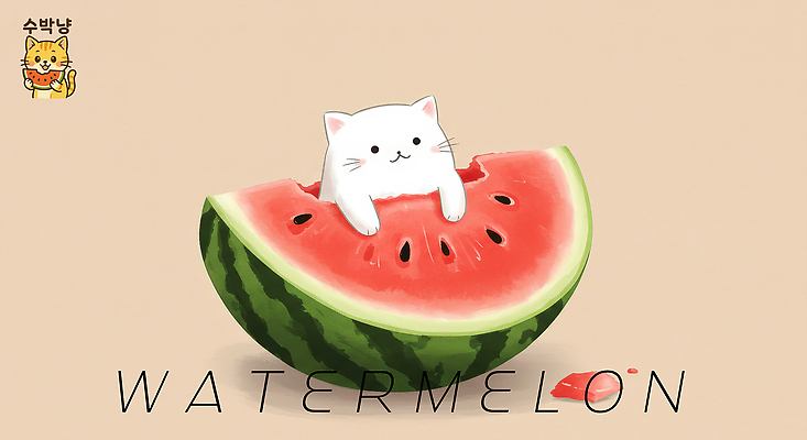 PSD 일러스트 단면 수박 들기 사람없음 귀여움 고양이 수박씨 베이지색 국내일러스트 컬러 컨셉 과일 포유류 모션 씨앗 반려동물 파일형식