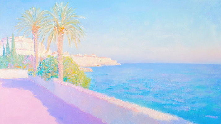 JPG 분홍색 일러스트 자연 페인팅 하늘 붓터치 풍경 해변 사람없음 파란색 야자수 맑음 여름풍경 언덕 유화 파스텔톤 국내일러스트 AI일러스트 AI콘텐츠 나무 바다 컬러 날씨 미술 생태계 파일형식 여름_계절