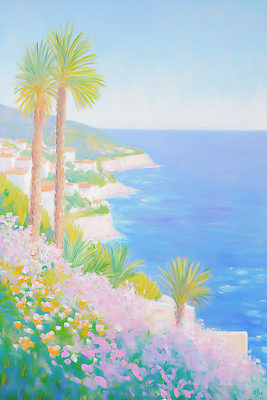 JPG 분홍색 꽃밭 일러스트 자연 페인팅 하늘 붓터치 풍경 해변 사람없음 파란색 야자수 맑음 여름풍경 유화 파스텔톤 국내일러스트 AI일러스트 AI콘텐츠 나무 꽃 바다 컬러 날씨 미술 생태계 파일형식 여름_계절