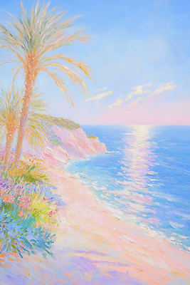 JPG 분홍색 일러스트 자연 페인팅 하늘 붓터치 풍경 해변 사람없음 파란색 야자수 노을 맑음 여름풍경 유화 파스텔톤 국내일러스트 AI일러스트 AI콘텐츠 자연요소 나무 바다 컬러 날씨 미술 생태계 파일형식 여름_계절