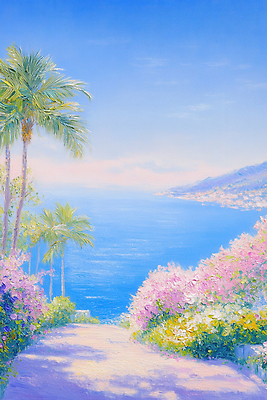 JPG 분홍색 꽃밭 일러스트 자연 페인팅 하늘 붓터치 풍경 해변 사람없음 파란색 야자수 맑음 여름풍경 산책로 유화 파스텔톤 국내일러스트 AI일러스트 AI콘텐츠 나무 꽃 길 바다 컬러 날씨 미술 생태계 파일형식 여름_계절