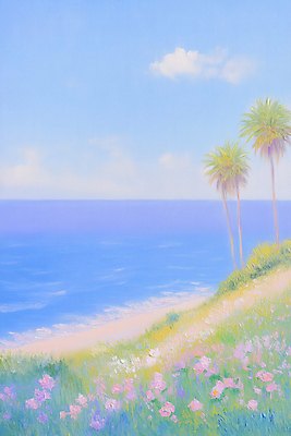JPG 구름 분홍색 꽃밭 일러스트 자연 페인팅 하늘 붓터치 풍경 해변 사람없음 파란색 야자수 맑음 여름풍경 유화 파스텔톤 국내일러스트 AI일러스트 AI콘텐츠 자연요소 나무 꽃 바다 컬러 날씨 미술 생태계 파일형식 여름_계절