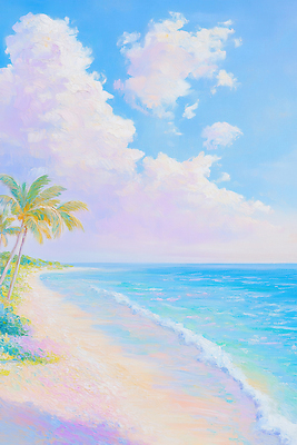 JPG 구름 분홍색 일러스트 자연 페인팅 하늘 붓터치 풍경 해변 사람없음 파란색 야자수 맑음 여름풍경 유화 파스텔톤 국내일러스트 AI일러스트 AI콘텐츠 자연요소 나무 바다 컬러 날씨 미술 생태계 파일형식 여름_계절