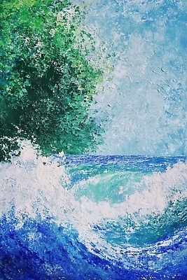 JPG 나무 파도 바다 일러스트 자연 페인팅 붓터치 풍경 사람없음 초록색 여름 파란색 여름풍경 유화 국내일러스트 AI일러스트 AI콘텐츠 식물 계절 컬러 미술 생태계 파일형식 여름_계절