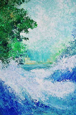 JPG 나무 파도 바다 일러스트 자연 페인팅 붓터치 풍경 사람없음 초록색 여름 파란색 여름풍경 유화 국내일러스트 AI일러스트 AI콘텐츠 식물 계절 컬러 미술 생태계 파일형식 여름_계절