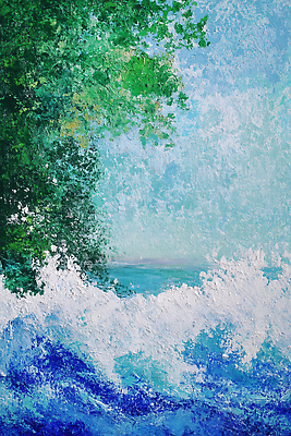 JPG 나무 파도 바다 일러스트 자연 페인팅 붓터치 풍경 사람없음 초록색 여름 파란색 여름풍경 유화 국내일러스트 AI일러스트 AI콘텐츠 식물 계절 컬러 미술 생태계 파일형식 여름_계절