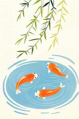 JPG 잎 일러스트 풍경 사람없음 물 하이앵글 연못 파동 잉어 느티나무 국내일러스트 AI일러스트 AI콘텐츠 자연요소 나무 식물 뷰포인트 순간포착 어류 파일형식