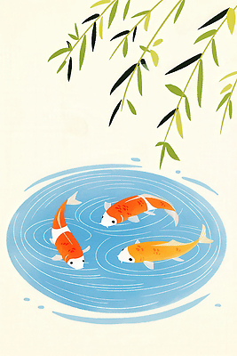 JPG 잎 일러스트 풍경 사람없음 물 하이앵글 연못 파동 잉어 느티나무 국내일러스트 AI일러스트 AI콘텐츠 자연요소 나무 식물 뷰포인트 순간포착 어류 파일형식