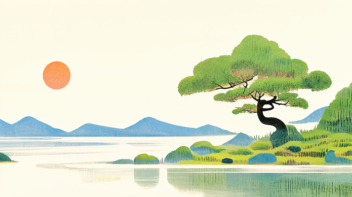 JPG 나무 호수 일러스트 풍경 사람없음 초록색 태양 봄 소나무 산맥 국내일러스트 AI일러스트 AI콘텐츠 자연요소 식물 계절 컬러 산 파일형식