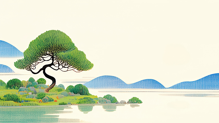 JPG 나무 호수 일러스트 풍경 사람없음 초록색 봄 소나무 산맥 국내일러스트 AI일러스트 AI콘텐츠 식물 계절 컬러 산 파일형식
