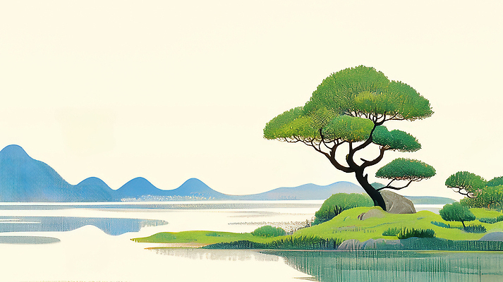 JPG 나무 호수 일러스트 풍경 사람없음 초록색 봄 소나무 산맥 국내일러스트 AI일러스트 AI콘텐츠 식물 계절 컬러 산 파일형식