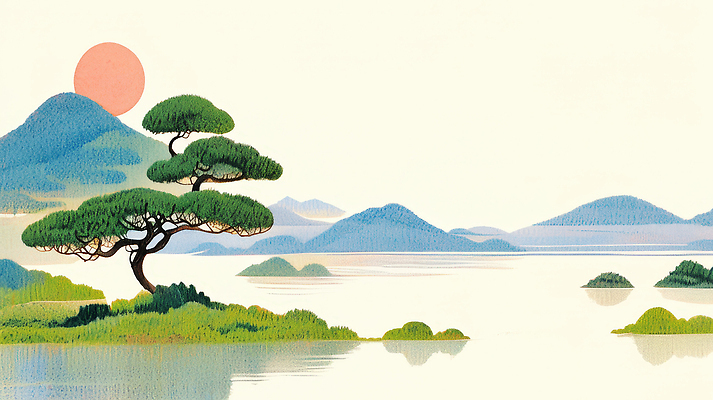 JPG 나무 호수 일러스트 풍경 사람없음 초록색 봄 소나무 산맥 국내일러스트 AI일러스트 AI콘텐츠 식물 계절 컬러 산 파일형식