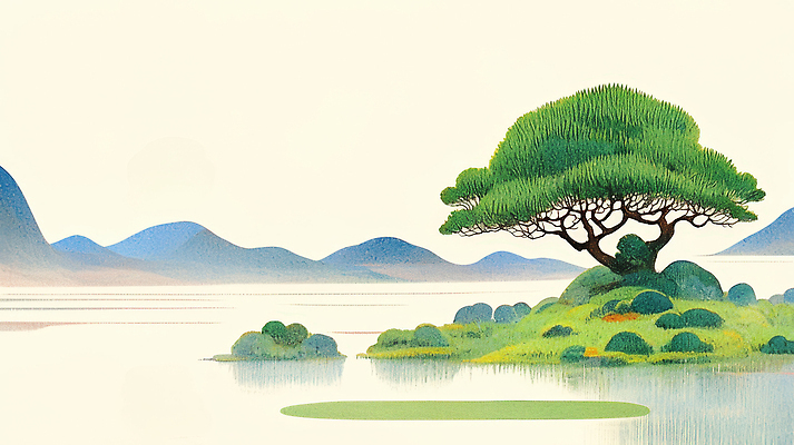 JPG 나무 호수 일러스트 풍경 사람없음 초록색 태양 봄 소나무 산맥 국내일러스트 AI일러스트 AI콘텐츠 자연요소 식물 계절 컬러 산 파일형식