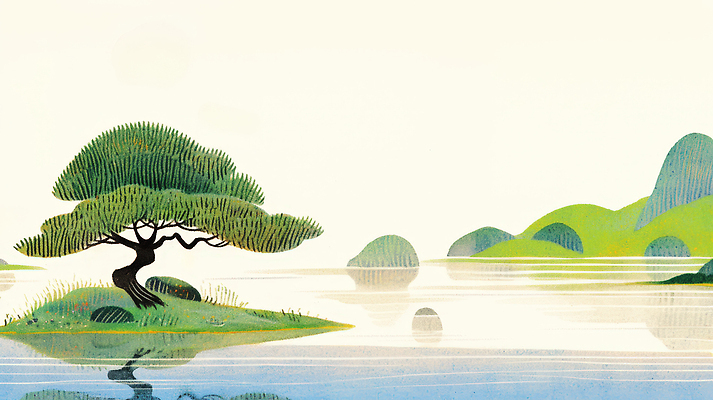 JPG 나무 호수 일러스트 풍경 사람없음 초록색 봄 소나무 산맥 국내일러스트 AI일러스트 AI콘텐츠 식물 계절 컬러 산 파일형식