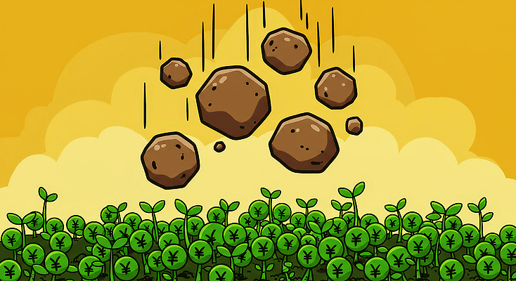 JPG 농업 일러스트 사람없음 경제 농작물 새싹 피해 바위 떨어짐 공격 충돌 사회이슈 무역 갈등 불안정 정책 타격 관세 무역전쟁 국내일러스트 AI일러스트 AI콘텐츠 식물 산업 컨셉 모션 돌_바위 세금 파일형식