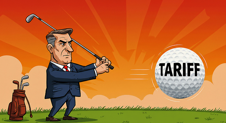 JPG 전신 남자 중년 골프 일러스트 골프공 한명 들기 경제 골프채 표현 유머 사회이슈 무역 갈등 정책 정치 정치가 타격 중년남자한명만 관세 무역전쟁 국내일러스트 AI일러스트 AI콘텐츠 직업 1 감정 산업 컨셉 공 모션 골프용품 사람 성인 구기 세금 남자한명만 중년남자만 파일형식