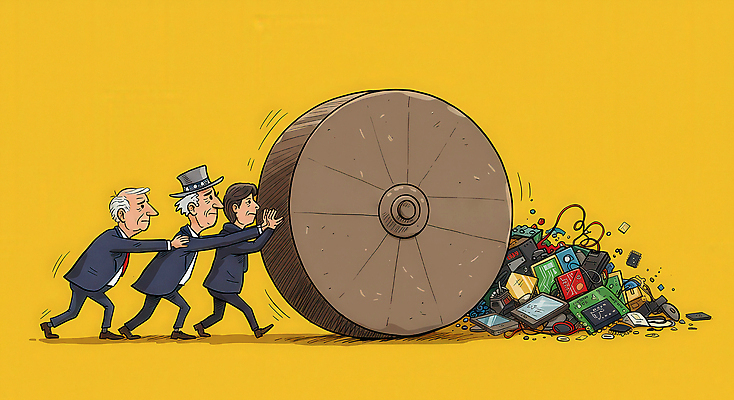 JPG 남자 중년 일러스트 협력 여러명 경제 노란색 수레 밀기 사회이슈 무역 반도체 압박 갈등 불안정 전자부품 정책 정치 중년남자만 관세 무역전쟁 국내일러스트 IC큐레이션 AI일러스트 AI콘텐츠 산업 컬러 다수 컨셉 모션 사람 성인 카트 부속품 세금 남자만 중년만 파일형식