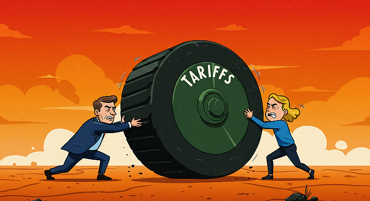 JPG 여자 남자 일러스트 성인 두명 경제 표현 밀기 사회이슈 무역 압박 노력 갈등 불안정 정책 정치 타격 성인만 관세 무역전쟁 국내일러스트 AI일러스트 AI콘텐츠 산업 컨셉 모션 사람 세금 파일형식