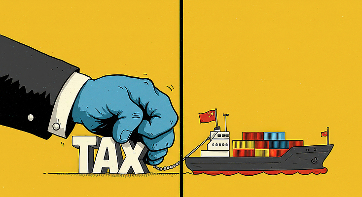 JPG 손 선 일러스트 신체부위 경제 노란색 중국 주먹 표현 잡기 컨테이너 화물선 사회이슈 무역 압박 갈등 불안정 세금 위기 정책 타격 관세 무역전쟁 국내일러스트 IC큐레이션 AI일러스트 AI콘텐츠 산업 아시아 컬러 컨셉 배_교통 모션 사람 파일형식