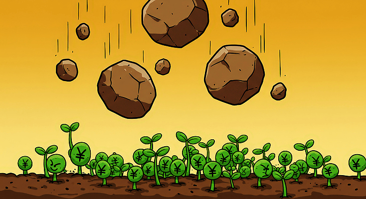 JPG 농업 일러스트 사람없음 경제 농작물 노란색 새싹 피해 바위 표현 떨어짐 위험 사회이슈 무역 갈등 불안정 위기 정책 정치 타격 관세 무역전쟁 국내일러스트 AI일러스트 AI콘텐츠 식물 산업 컬러 컨셉 모션 돌_바위 세금 파일형식