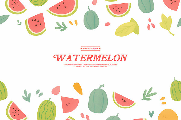 PSD 백그라운드 잎 패턴 일러스트 수채화 사람없음 빨간색 연두색 배열 수박씨 수박조각 국내일러스트 식물 컬러 조각 무늬 수박 씨앗 초록색 파일형식