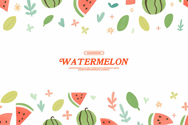 PSD 백그라운드 잎 패턴 일러스트 수채화 프레임 사람없음 빨간색 연두색 배열 수박씨 수박조각 국내일러스트 식물 컬러 조각 무늬 수박 씨앗 초록색 파일형식