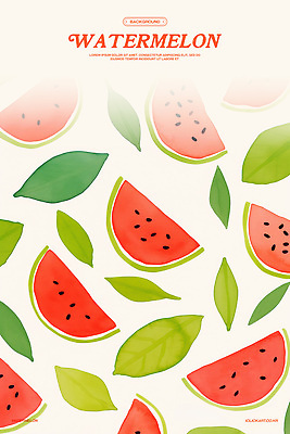 PSD 백그라운드 잎 패턴 일러스트 수채화 사람없음 빨간색 연두색 배열 수박씨 수박조각 국내일러스트 식물 컬러 조각 무늬 수박 씨앗 초록색 파일형식