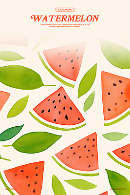 PSD 백그라운드 잎 패턴 일러스트 수채화 사람없음 빨간색 연두색 배열 수박씨 수박조각 국내일러스트 식물 컬러 조각 무늬 수박 씨앗 초록색 파일형식
