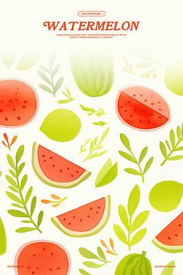 PSD 백그라운드 잎 패턴 일러스트 수채화 사람없음 빨간색 연두색 배열 수박씨 수박조각 국내일러스트 식물 컬러 조각 무늬 수박 씨앗 초록색 파일형식