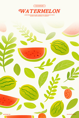 PSD 백그라운드 잎 패턴 일러스트 딸기 수채화 사람없음 빨간색 연두색 배열 수박씨 수박조각 국내일러스트 식물 컬러 조각 무늬 과일 수박 씨앗 초록색 파일형식